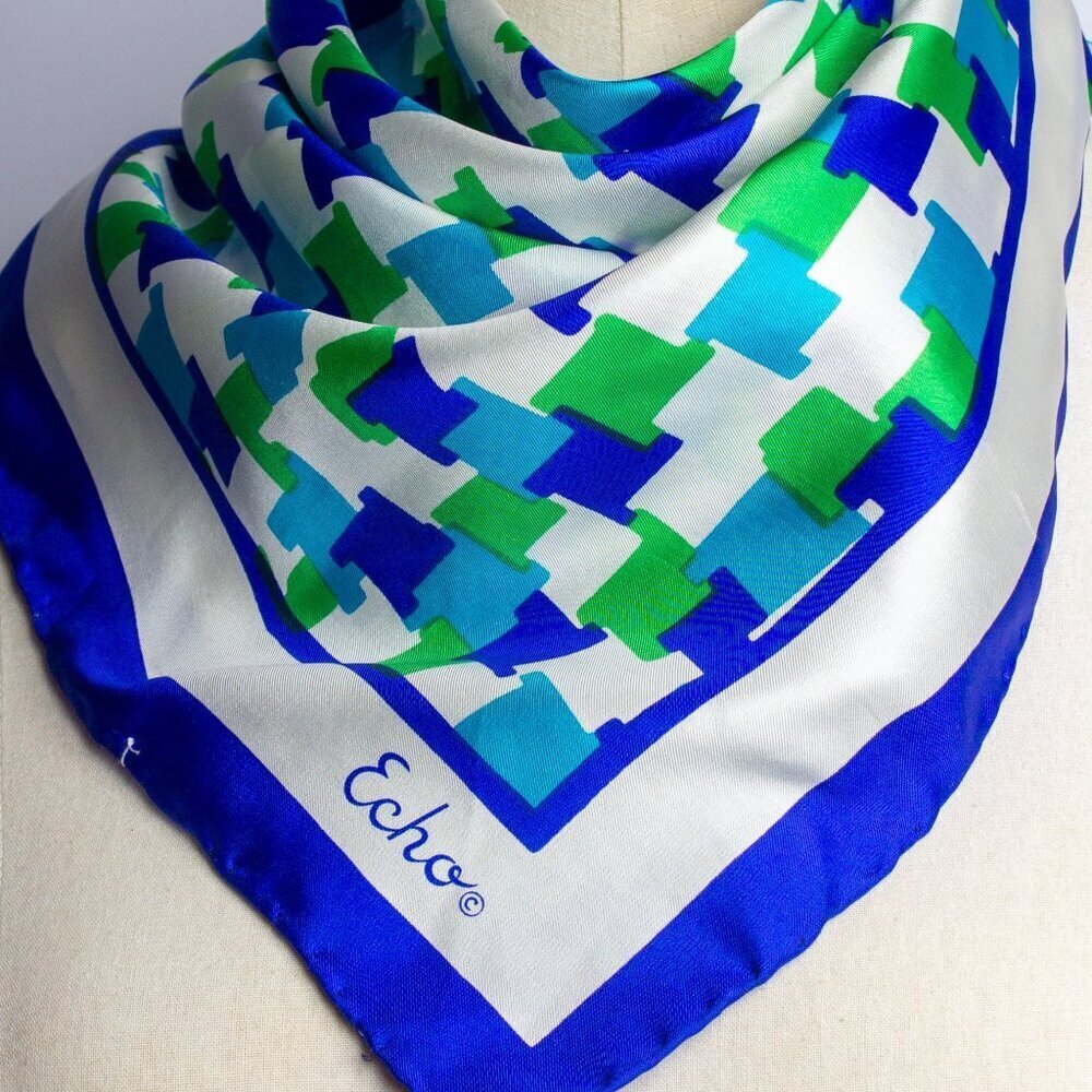 Echo Silk Scarf Square | Retro Style Bandana Scarf | Aqua Monochromatic - Picture 10 of 10